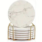 Onderzetters Set Van 6 Met Gouden Houder - Marmer - Wit - Rond