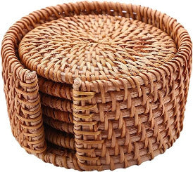 Onderzettersset van 6 met houder - rotan - rond